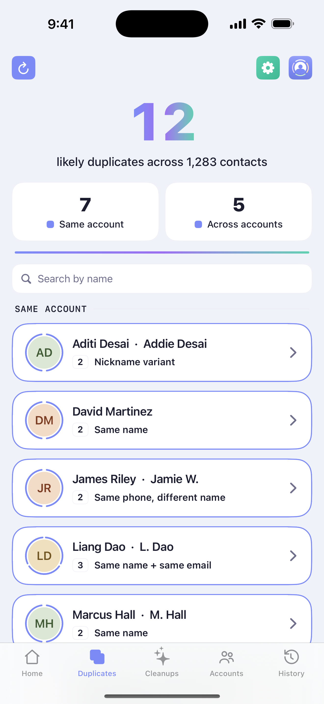 ContactOne duplicates list